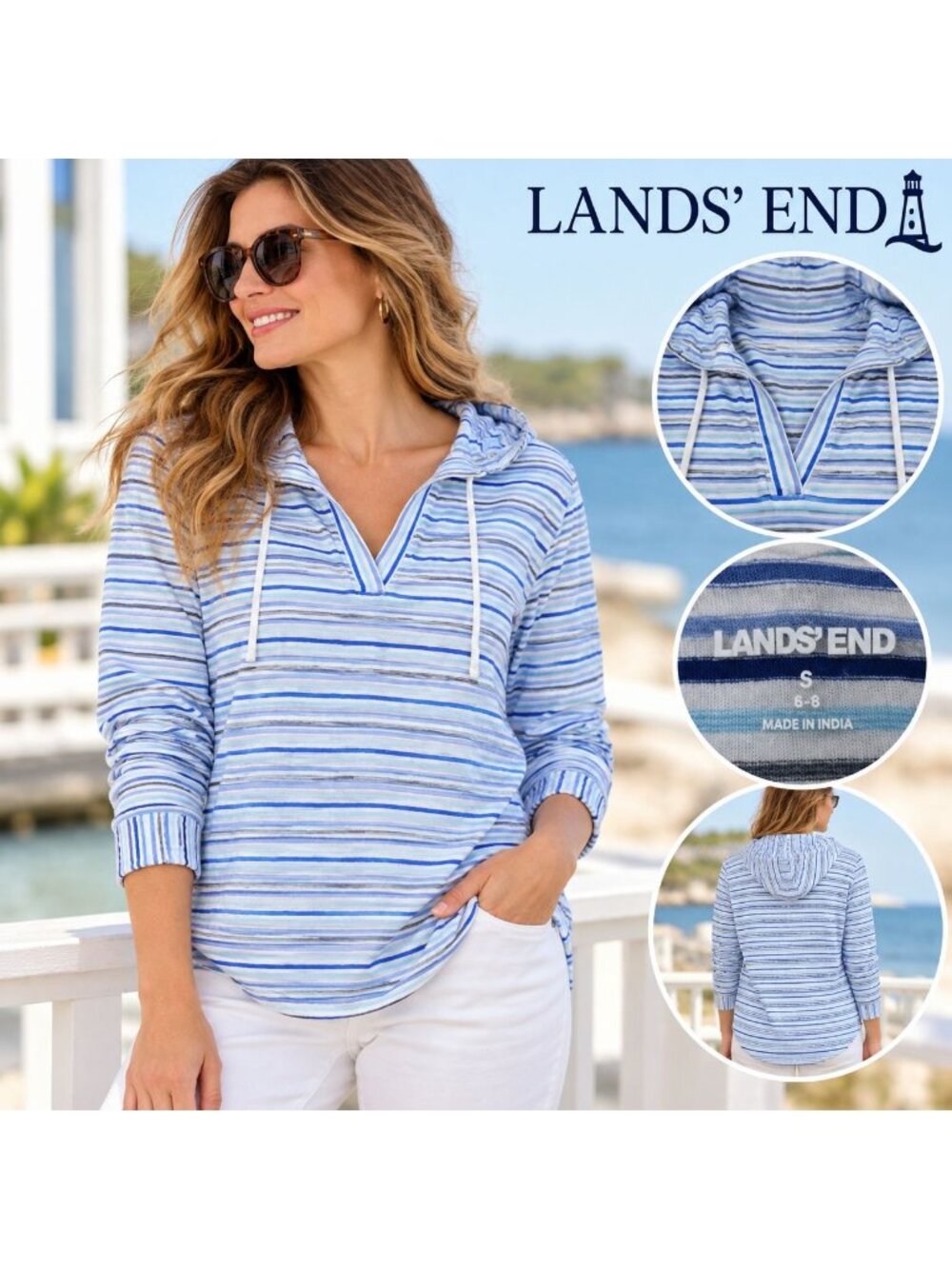 Lands End Womens Small Blue White Striped Cotton Hoodie Pullover Coastal Top